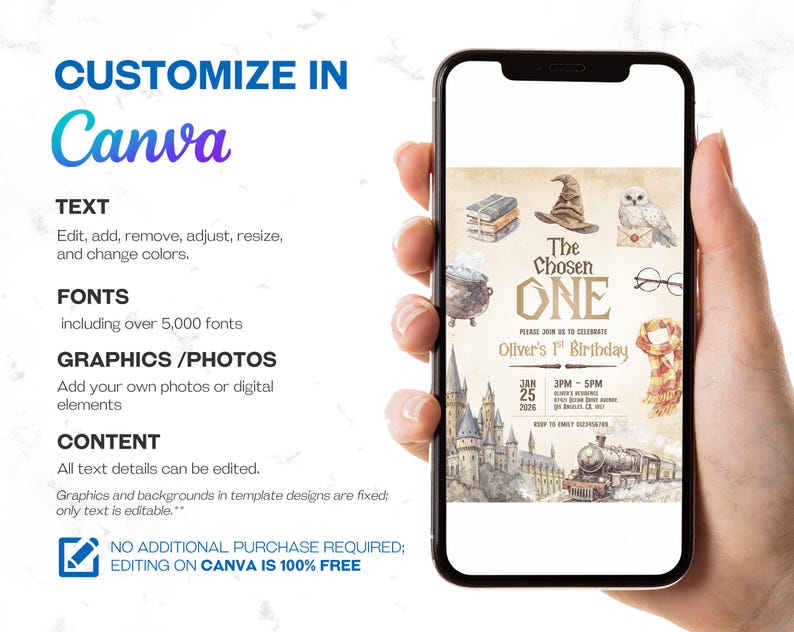 May include: A smartphone displays a birthday invitation template with a Harry Potter theme. The invitation features illustrations of a sorting hat, owl, glasses, and a scarf. The text reads "The Chosen One" and "Oliver's 1st Birthday". The phone is held in a person's hand.