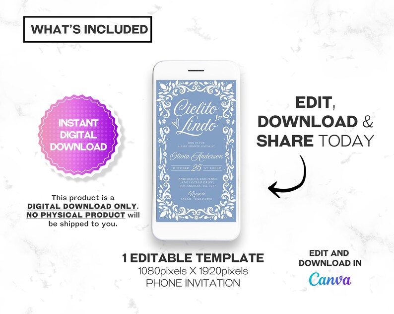 Cielito Lindo Blue Baby Shower Mobile Invitation features a pastel blue Talavera design with festive papel picado elements, perfect for a Mexican-themed boy baby shower. This digital invite is available as a mobile phone invitation or electronic evite for easy sharing.