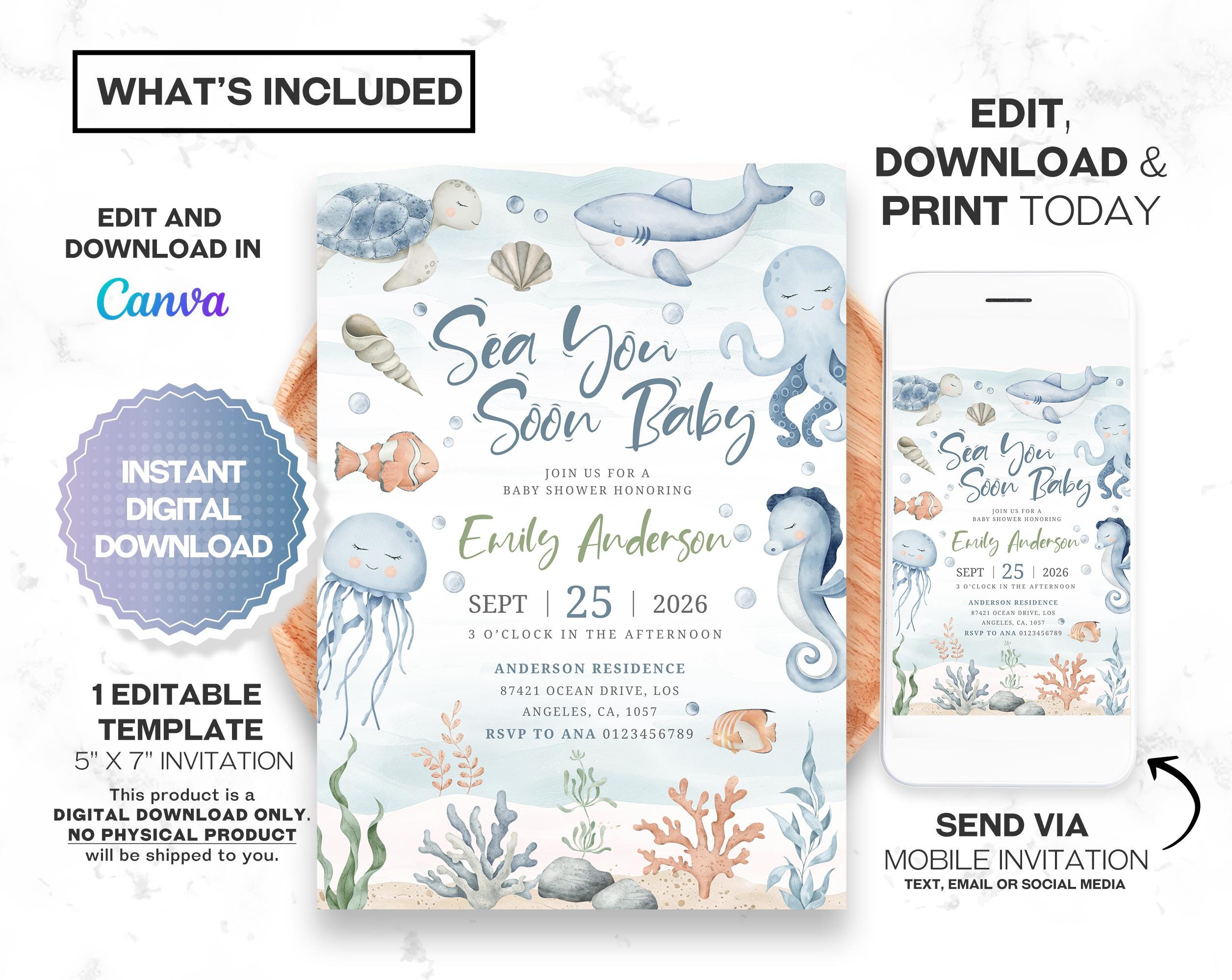 Sea You Soon Baby Shower Invitation, Coastal Nautical Theme, Summer ...