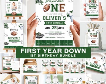 First Year Down Birthday Bundle, Football Birthday Bundle, Football First Birthday Party Kit, First Year Down Party Decor and Favor, Canva