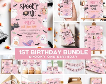 Spooky One Birthday Invitation Bundle, Spooky One Birthday Bundle, Pink Halloween 1st Birthday Invitation Bundle, Halloween Birthday Decor