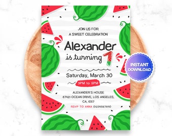 Invitación de cumpleaños de sandía editable, invitación de cumpleaños uno en un melón, invitación de cumpleaños de verano, invitación de primer cumpleaños, descarga instantánea