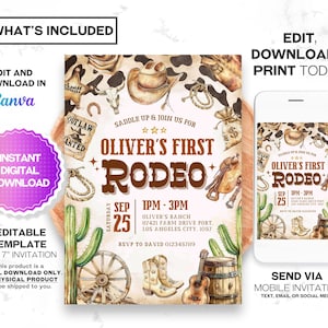 May include: Editable 5x7 inch invitation template for a first rodeo party. The invitation features a watercolor illustration of cowboy hats, boots, saddles, and cacti. The text on the invitation reads "Oliver's First Rodeo" and includes details about the event, such as the date, time, and location.
