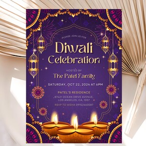 Invitación editable al Festival de Diwali, Invitación a la fiesta de Diwali, Fiesta de celebración hindú, Invitación a Deepavali, Invitación al Festival de la Luz hindú
