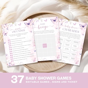 Vlinder babyshower spelbundel, bewerkbare vlinder babyshower borden, roze paarse vlinder babyshower spelletjes afdrukbare sjabloon, canvas