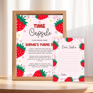 Signe et carte de lettre modifiables pour le premier anniversaire des baies, message cartes d'invité fraise, signe 1er anniversaire fraise, toile