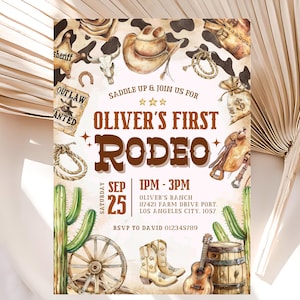 Bearbeitbar erste Rodeo Geburtstagseinladung, Rodeo 1. Geburtstagseinladung, Wild West Geburtstag einladen, Cowboy Geburtstagseinladung, Canva