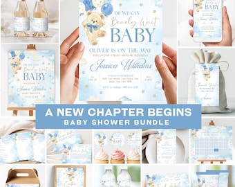 We Can Bearly Wait Baby Shower Bundle, Blue Bear Invitation Bundle, Editable Canva Template