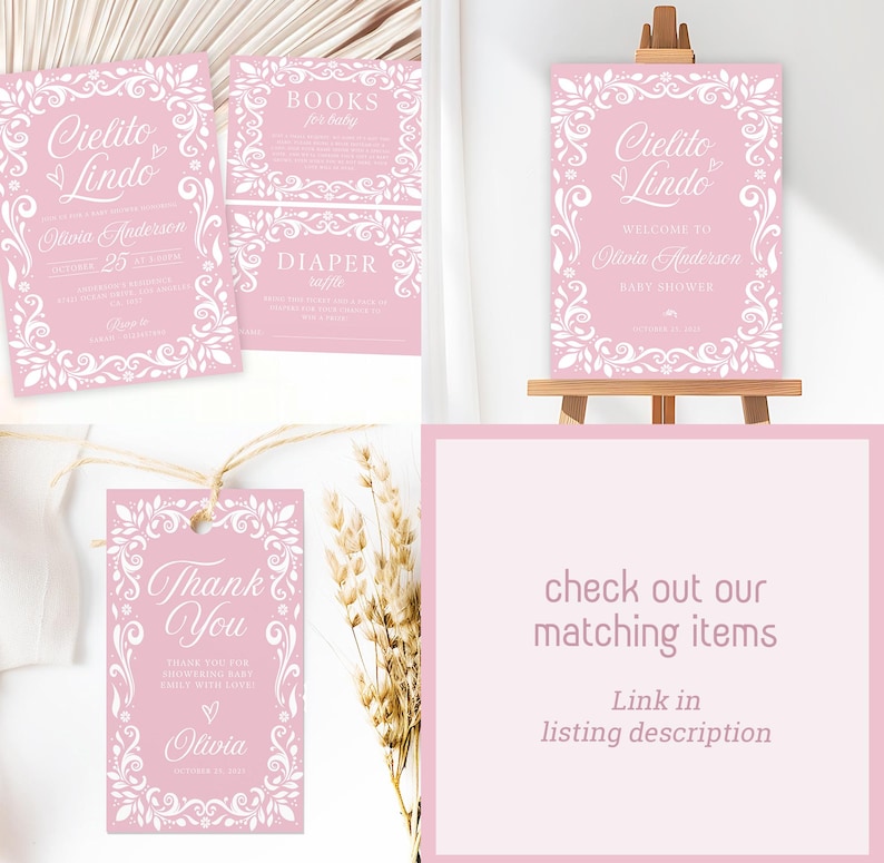 Pink Cielito Lindo Baby Shower Bundle includes a pastel pink Talavera-themed invitation, diaper raffle card, books for baby, favor tag, and welcome sign. Adorned with Papel Picado designs, this set is perfect for a festive Mexican-themed girl baby shower celebration.