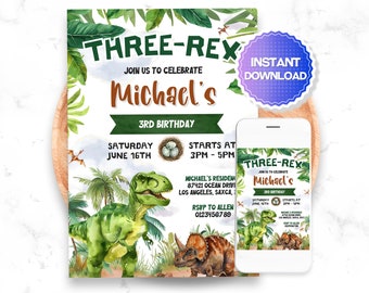 Editable Dinosaur Birthday Invitation, Three Rex Birthday Invitation, Dino Birthday Invitation, T rex Dinosaur Birthday Invitation, Canva