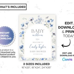 Blue Baby in Bloom Baby Shower Welcome Sign – a charming floral welcome for your sweet boy’s special day! This pastel blue Baby in Bloom Welcome Sign features delicate wildflowers, spring blooms, and garden-inspired elements, perfect for setting the tone at your boy baby shower. Ideal for decorating entryways, dessert tables, or photo backdrops, this wildflower floral welcome sign adds a soft, boho touch to your celebration.