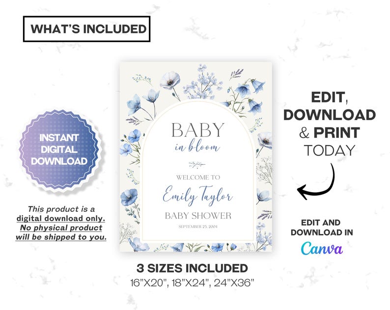 Blue Baby in Bloom Baby Shower Welcome Sign – a charming floral welcome for your sweet boy’s special day! This pastel blue Baby in Bloom Welcome Sign features delicate wildflowers, spring blooms, and garden-inspired elements, perfect for setting the tone at your boy baby shower. Ideal for decorating entryways, dessert tables, or photo backdrops, this wildflower floral welcome sign adds a soft, boho touch to your celebration.