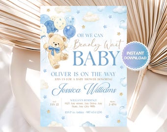 Blue Bear Baby Shower Invitation, We Can Bearly Wait Baby Shower Invite, Teddy Bear Invitation Template, Canva, Editable Template