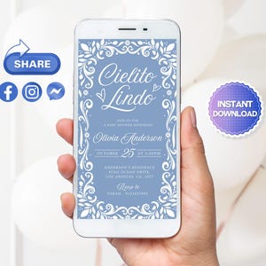 Cielito Lindo Blue Baby Shower Mobile Invitation features a pastel blue Talavera design with festive papel picado elements, perfect for a Mexican-themed boy baby shower. This digital invite is available as a mobile phone invitation or electronic evite for easy sharing.