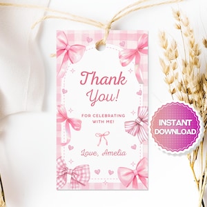 Editable Pink Bow Birthday Favor Tag, Pink Ribbon Favor Tag, Pink Bow Coquette Favor Tag, Pink Bow Baby Shower Favor Tag, Canva, PB1
