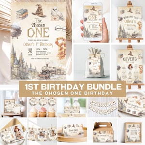 May include: A 1st birthday party bundle featuring a wizard-themed design with illustrations of a castle, steam train, owl, books, and a scarf. The text includes The Chosen One, Oliver's 1st Birthday, and various party stationery items like invitations, tags, banners, and signs.