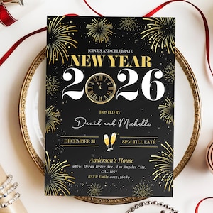 New Year's Party Invitation featuring gold elegant designs with fireworks, champagne and a clock. This NYE party invite sets the tone for a festive celebration, perfect for the New Year countdown and welcoming 2026.