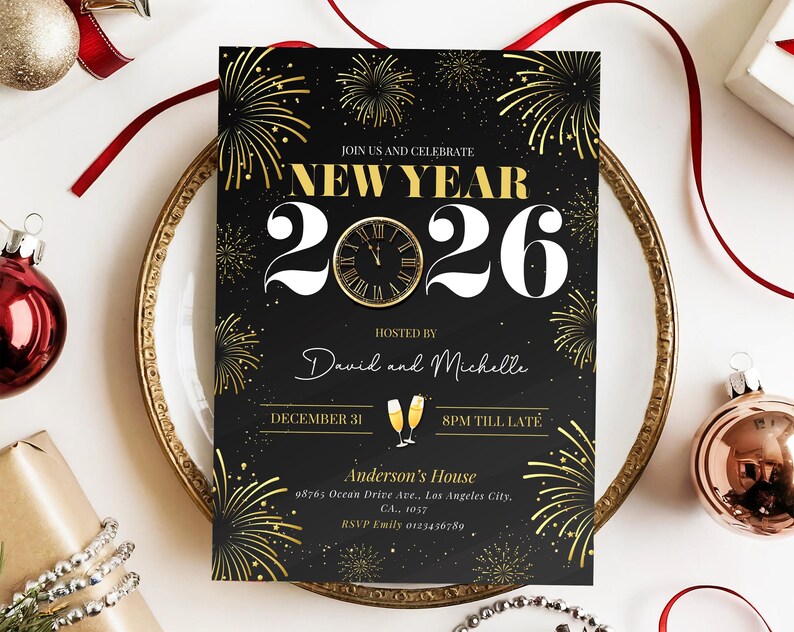 New Year's Party Invitation featuring gold elegant designs with fireworks, champagne and a clock. This NYE party invite sets the tone for a festive celebration, perfect for the New Year countdown and welcoming 2026.