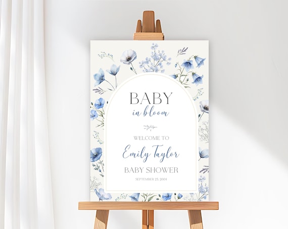 Editable Blue Baby in Bloom Baby Shower Welcome Sign, Blue Baby In Bloom Welcome Sign, Blue Wildflower Welcome Sign, Boho Welcome Signs