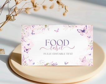 Butterfly Baby Shower Food Labels, Floral Place Card, Wildflower Food Label, Editable Canva Template