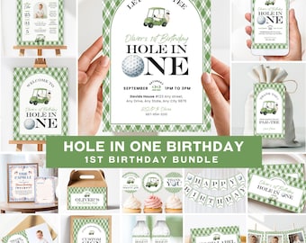 Hole in One Birthday Bundle, Golf 1st Birthday Bundle, Party Decor and Party Favors, Editable Canva Template, Digital Download