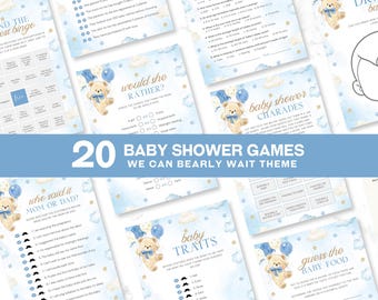 Bearly Wait Baby Shower Games Bundle, Blue Teddy Bear Themed Games, Editable Canva Template