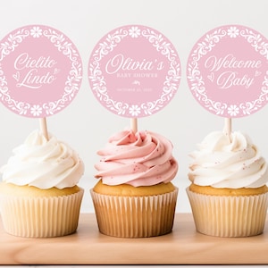 Editable Cielito Lindo Cupcake Toppers, Cielito Lindo Pink Baby Shower Printable Toppers, Pink Talavera Cupcake Toppers, Canva, PCL1