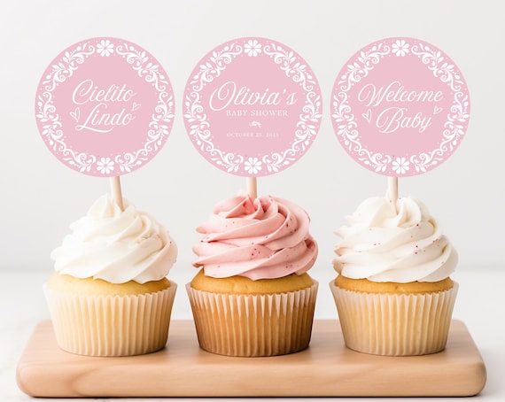 Editable Cielito Lindo Cupcake Toppers, Cielito Lindo Pink Baby Shower Printable Toppers, Pink Talavera Cupcake Toppers, Canva, PCL1