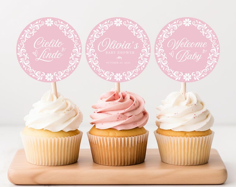 Pink Cielito Lindo Baby Shower Cupcake Topper features pastel pink Talavera and papel picado designs, perfect for a Mexican-themed girl baby shower. This printable topper adds a festive touch to your Cielito Lindo baby shower party decor and makes a charming cielito lindo party favor.