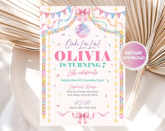 Whimsical Disco Garland Birthday Invitation, Pastel Retro Party Invite, Paper Chain, Editable Canva Template