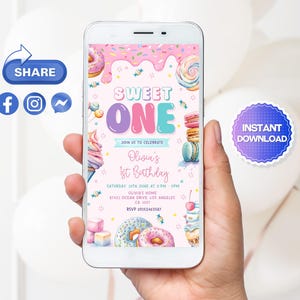 Invito per cellulare modificabile per il primo compleanno di Sweet One, invito elettronico per il primo compleanno di Sweet One, invito elettronico per il compleanno di Candy Land, invito elettronico per il primo compleanno di Sweet Candy