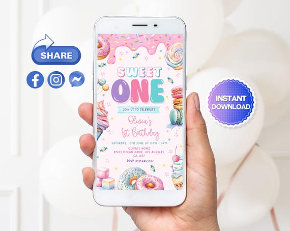 Editable Sweet One Birthday Mobile Phone Invitation, Sweet One Birthday Evite, Candy Land Birthday Evite, Sweet Candy Electronic Invitation