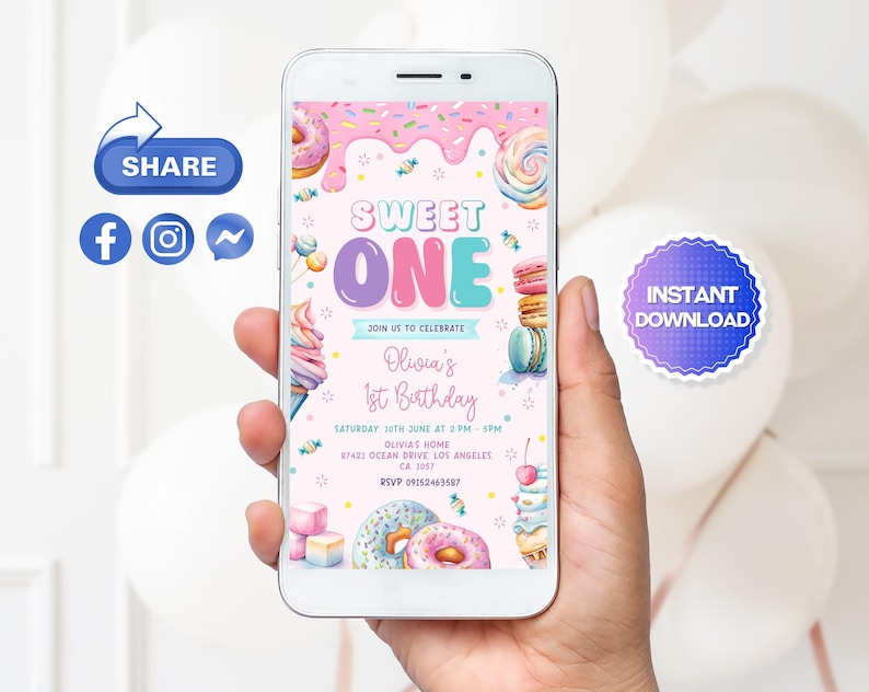 Editable Sweet One Birthday Mobile Phone Invitation, Sweet One Birthday Evite, Candy Land Birthday Evite, Sweet Candy Electronic Invitation image 1