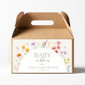 Edytowalna etykieta na pudełko Baby in Bloom Gable, etykieta na pudełko Wildflower Baby Shower Gable, etykieta na pudełko Floral Gable, upominek na przyjęcie Baby In Bloom, Canva