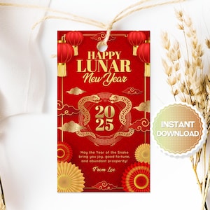 Etichette regalo modificabili per il capodanno lunare, etichette regalo per il capodanno cinese, Canva, etichette per l'anno del serpente, etichette per bomboniere per il capodanno lunare, Canva, CNY1