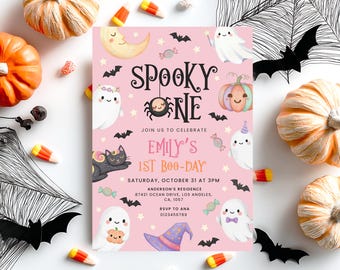 Editable Spooky One Birthday Invitation, Girl Halloween Birthday Invitation, Pink Spooky One Birthday Invite, Spooktacular Invitation, Canva