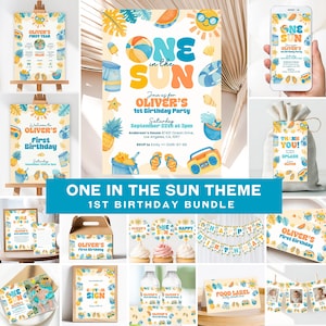 Peut inclure: Un ensemble de fête pour un premier anniversaire sur le thème One in the Sun comprenant des invitations, des panneaux, des étiquettes, des décorations de cupcakes, des bannières et des étiquettes alimentaires avec des illustrations aquarelles.