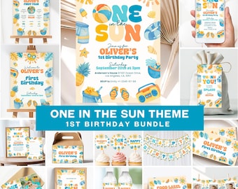 One in the Sun-Geburtstags-Bundle, Sommer-Lagerparty-Dekoration zum ersten Geburtstag, bearbeitbare Canva-Vorlage, digitaler Download