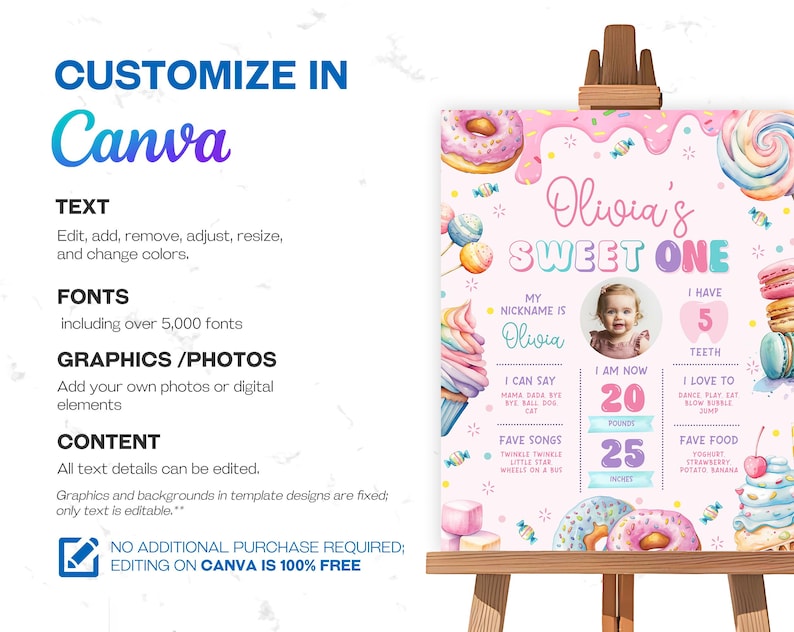 Sweet One milestone sign for a girl’s 1st birthday, featuring donuts, cupcakes, ice cream, and candy. This milestone board sign showcases sweet desserts and adds charm to the decor, making it perfect for a fun and festive sweet celebration.