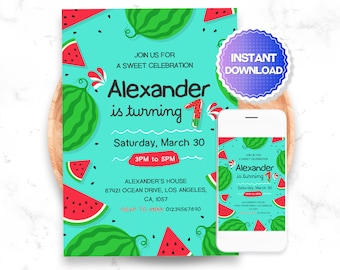 Invitación editable de sandía, invitación de cumpleaños uno en un melón, invitación de cumpleaños de verano, invitación de primer cumpleaños, descarga digital