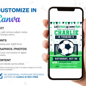 May include: A green and blue soccer-themed birthday invitation for a boy named Charlie turning 5. The invitation features a soccer ball in a goal, confetti, and the text "Let's Kick up some fun!" and "Charlie is turning 5".
