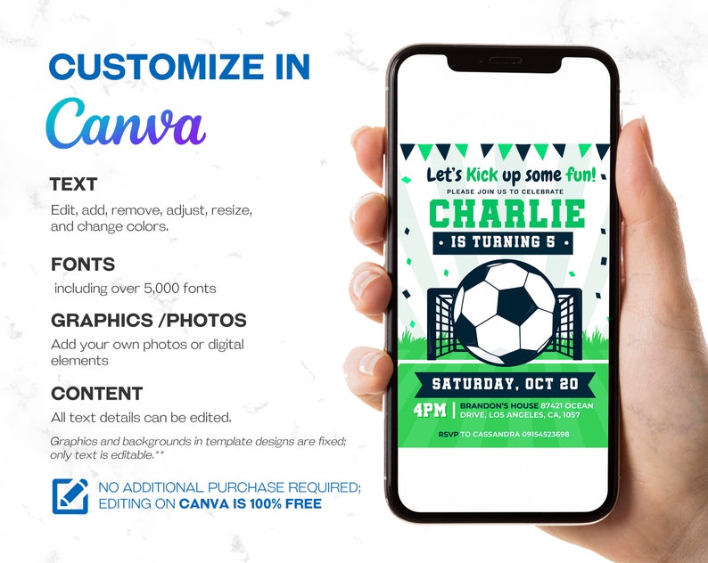 May include: A green and blue soccer-themed birthday invitation for a boy named Charlie turning 5. The invitation features a soccer ball in a goal, confetti, and the text "Let's Kick up some fun!" and "Charlie is turning 5".