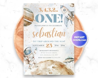 May include: A blue and white space-themed first birthday party invitation with a rocket, planets, and stars. The invitation says "5,4,3,2.. ONE!" and "Please join us to celebrate Sebastian 1st trip around the sun! September 25 3PM-5PM".