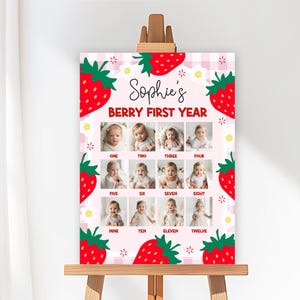 Tablero de fotos de primer cumpleaños editable con forma de baya, cartel de collage de fotos de primer cumpleaños con fresas, cartel de foto de hito de baya, Canva