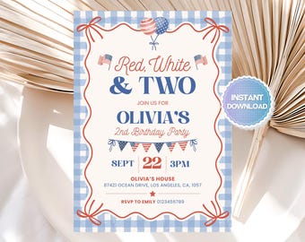 Red White and Two Birthday Invitation, 4th of July Birthday Invitation, Patriotic Girl Invite, Coquette Bow 2nd Birthday Invitation, Canva