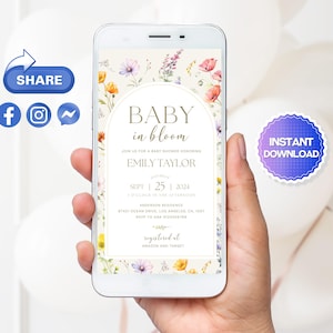 May include: A digital invitation for a baby shower with a floral design. The invitation says "Baby in Bloom" and includes the name "Emily Taylor", the date "Sept 25, 2024", and the time "2 o'clock in the afternoon".