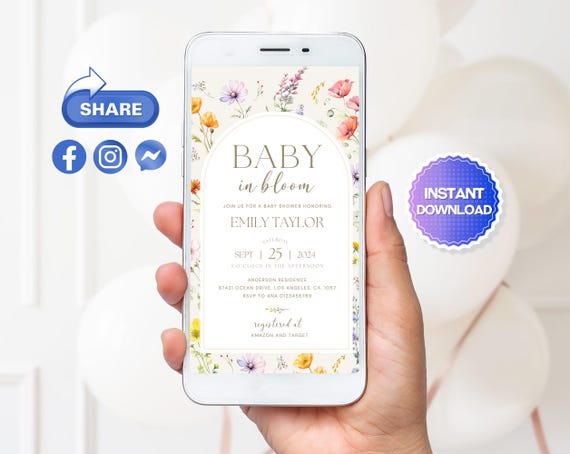 Editable Baby in Bloom Baby Shower Mobile Invitation, Wildflower Baby Shower Electronic Invite, Baby in Bloom Digital Invite, Floral Invite