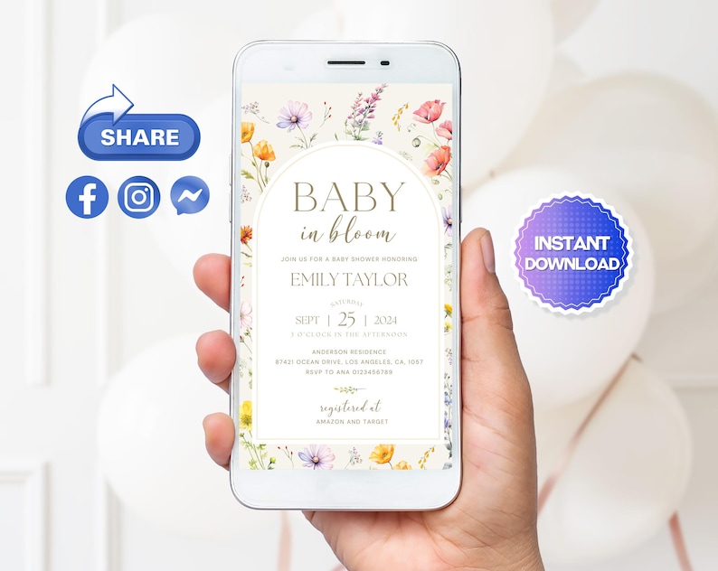 Baby in Bloom Baby Shower Mobile Phone Invitation featuring a beautiful wildflower design with pink floral accents. This digital invite is perfect for a boho-themed baby shower, ideal for summer and spring celebrations. A convenient and stylish electronic evite option.