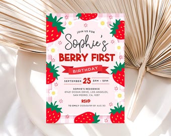 Editable Berry Birthday Invitation, Berry First Birthday Invitation Template, Berry 1st Birthday Invite, Strawberry Birthday Invite, Canva