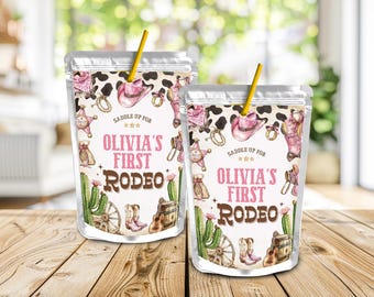 Editable Girl First Rodeo Birthday Juice Label, Pink Rodeo Juice Pouch Label, Cowgirl Party Favor, First Rodeo Party Favors, Canva